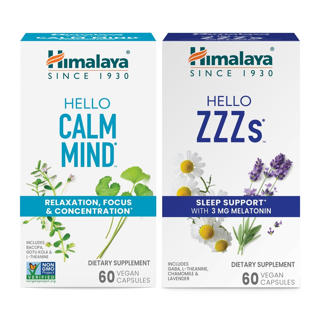 Himalaya Olá Mente calma com Bacopa para Relaxamento, Foco e Concentração e Olá ZZZs com Melatonina para Apoio ao Sono, 60 Cápsulas Cada - Pacote