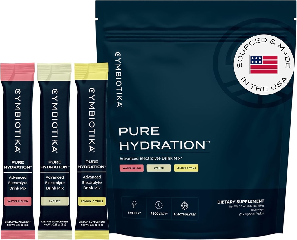 CYMBIOTIKA Eletrolitos de hidratação pura Drinque em pó Misture com vitamina C & Magnésio, Keto Friendly Electrolyte Hydration Packets, Variety Pack, Lemon, Lychee & Melancia, 7 Cada, 21 Stick Packets