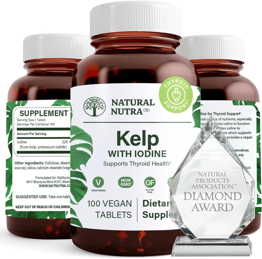 Natural Nutra Kelp Iodine Suplemento de suporte da tireóide, Fortalece o sistema imunológico, e regula o metabolismo, Vegan Sea Kelp, Não OGM, Atlantic Source Seaweed Extract, 225 mcg, 100 comprimidos