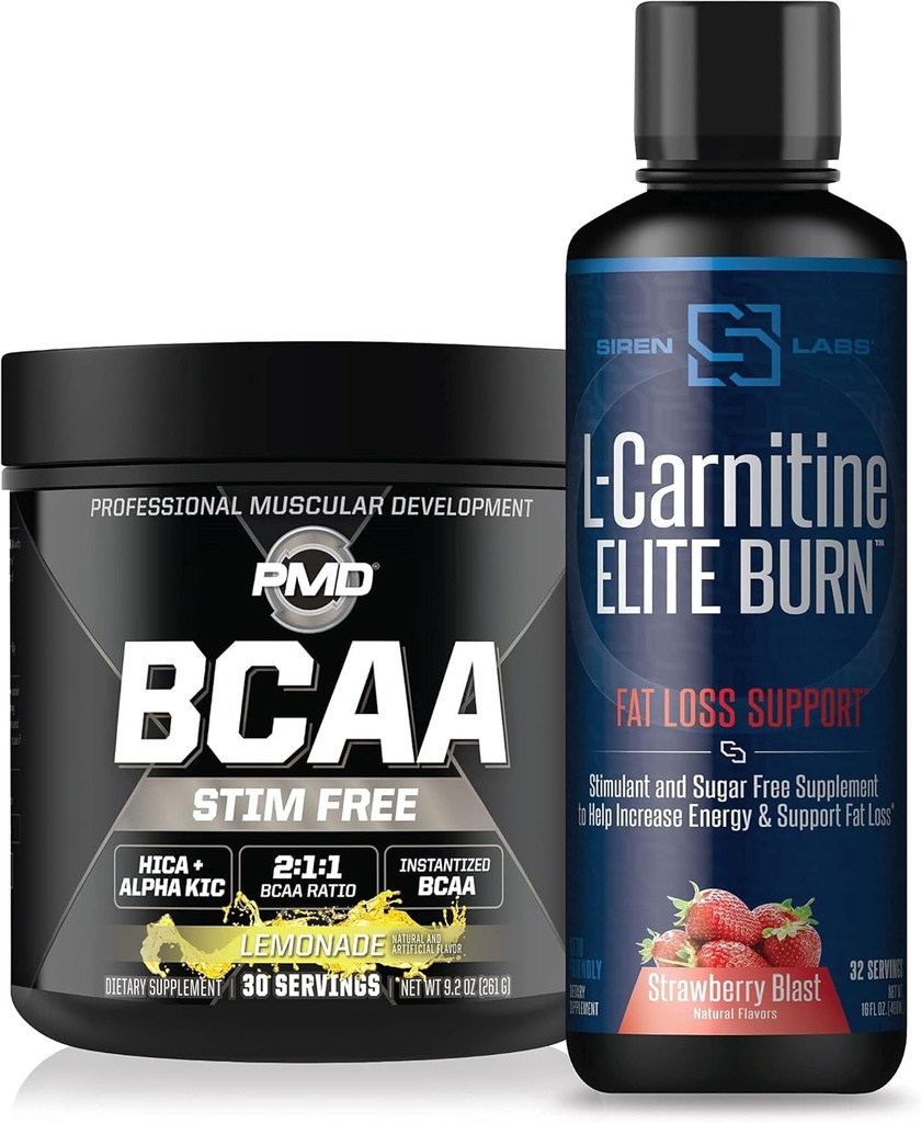 PMD Sports Stim BCAA's Free for Recovery and Performance Limonada (30 Servings) & Siren Labs L-Carnitine Elite Burn Fat Loss Support Strawberry Blast 3000 mg (32 Servings)