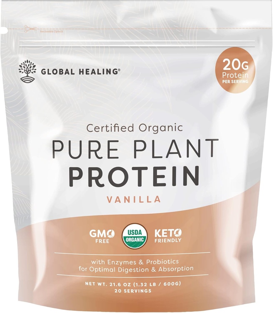 Vanilla Vegan cura global, pó de proteína baseada em plantas para mulheres e homens, orgânico, substituição de refeições (20 Servings, 20g de proteína)