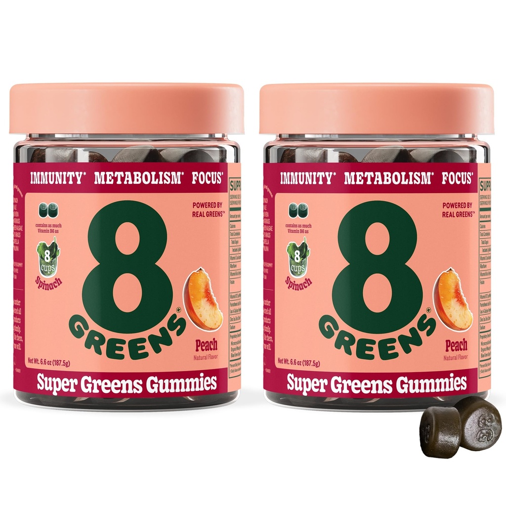 8Greens Supergreens Gummies Super Greens Powder Superfood Gummy para Metabolismo, Imunidade e Foco, Enzimas Digestivas de Saúde, Orgânico: chlorela, espirulina, Aloe Vera, Flavor de pêssego, 100 Conde