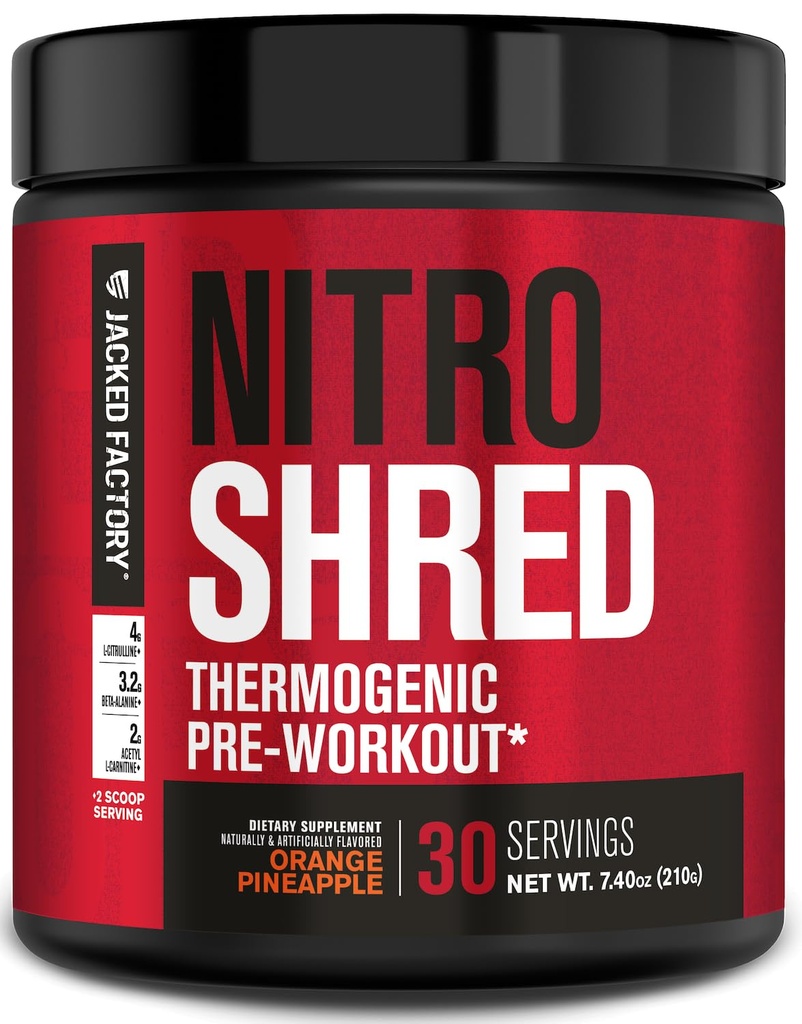 Fábrica Jacked NITROSURGE Shred Pre Treino Suplemento - Fortalecedor de energia, Ganhos de força instantâneos, Sharp Focus, Bombas poderosas - Nitric Oxide Booster & Pré-Trabalho Pó - 30Sv, Abacaxi laranja