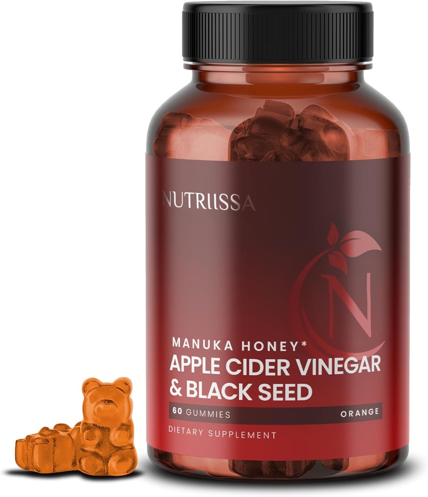 Nutriissa - Apple Cider Vinagre + Black Seed Oil + Elder Berry + Manuka Honey Gummies – Sementes de Cominho a Frio Nigella Sativa – EPEB Certified for Puity & Potence – 60 Orange Flavored Gummies