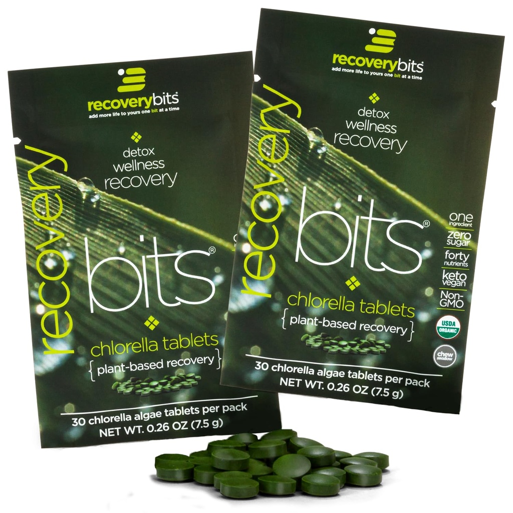 RECOVERYbits Comprimidos orgânicos de Algas de chlorela, Superalimento, Algas Puras Verdes, Altas Proteínas e Fibras, Clorofila, Parede de Célula Cracked Não-Irradiado, para Imune Boosting e Detox, Não-GMO, 60 Comprimidos