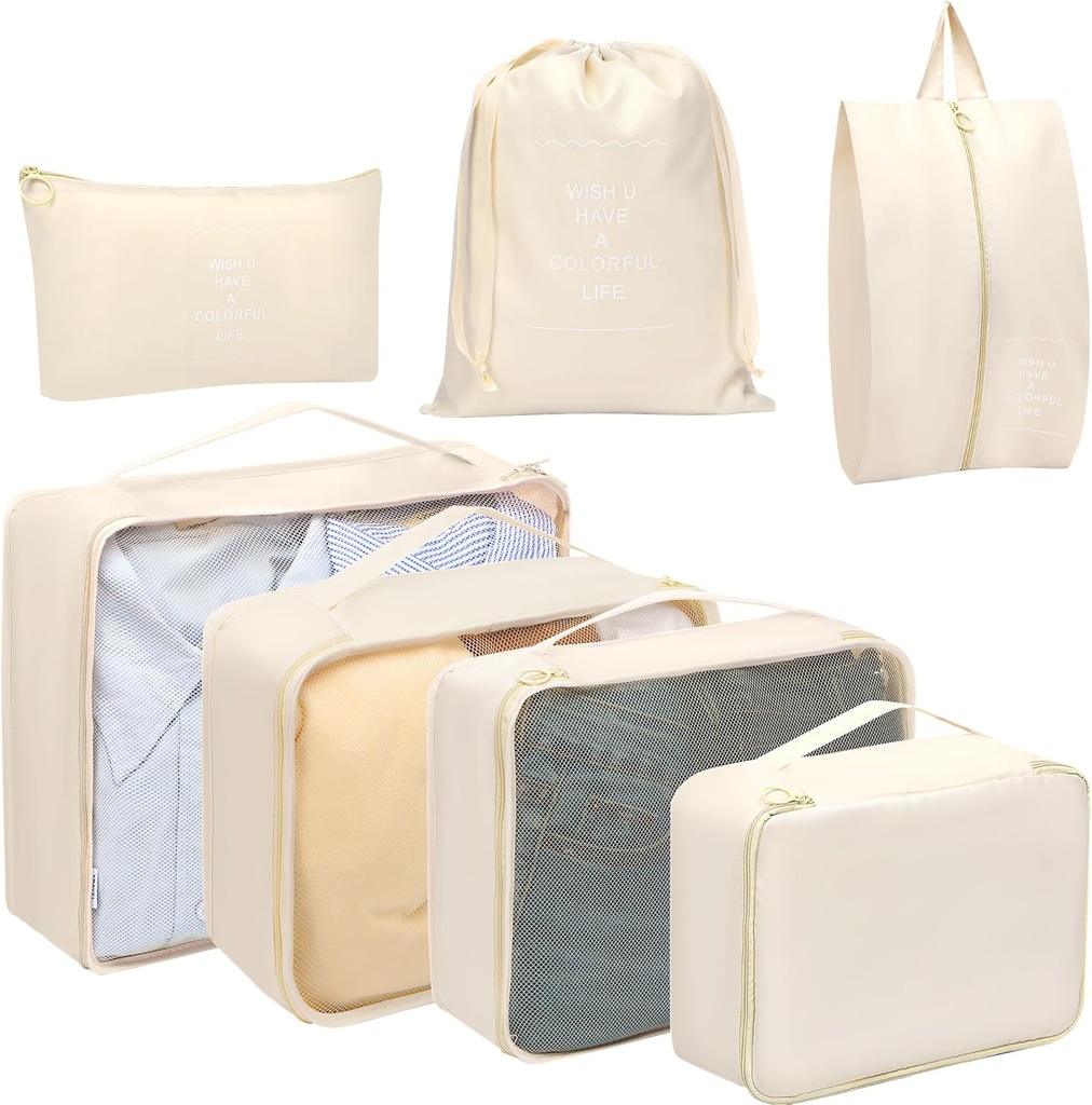 Toplive 7 Conjunto de cubos de embalagem para viagem, Bagagem Organizador Sacos para Acessórios de viagem, Compressão de cubos de embalagem, Bege
