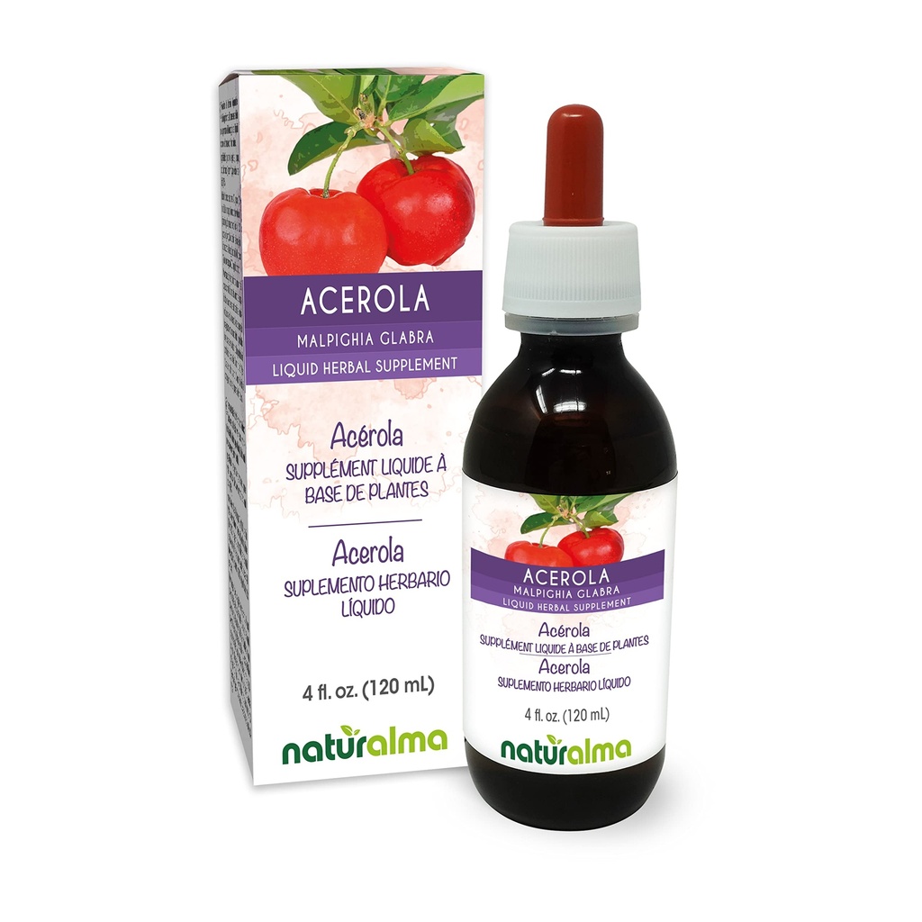 Naturalma Acerola (Malpighia glabra) Fruta Tintura sem álcool - Rico em vitamina C - 4 fl oz Extrato líquido em gotas - Suplemento de ervas - Vegan