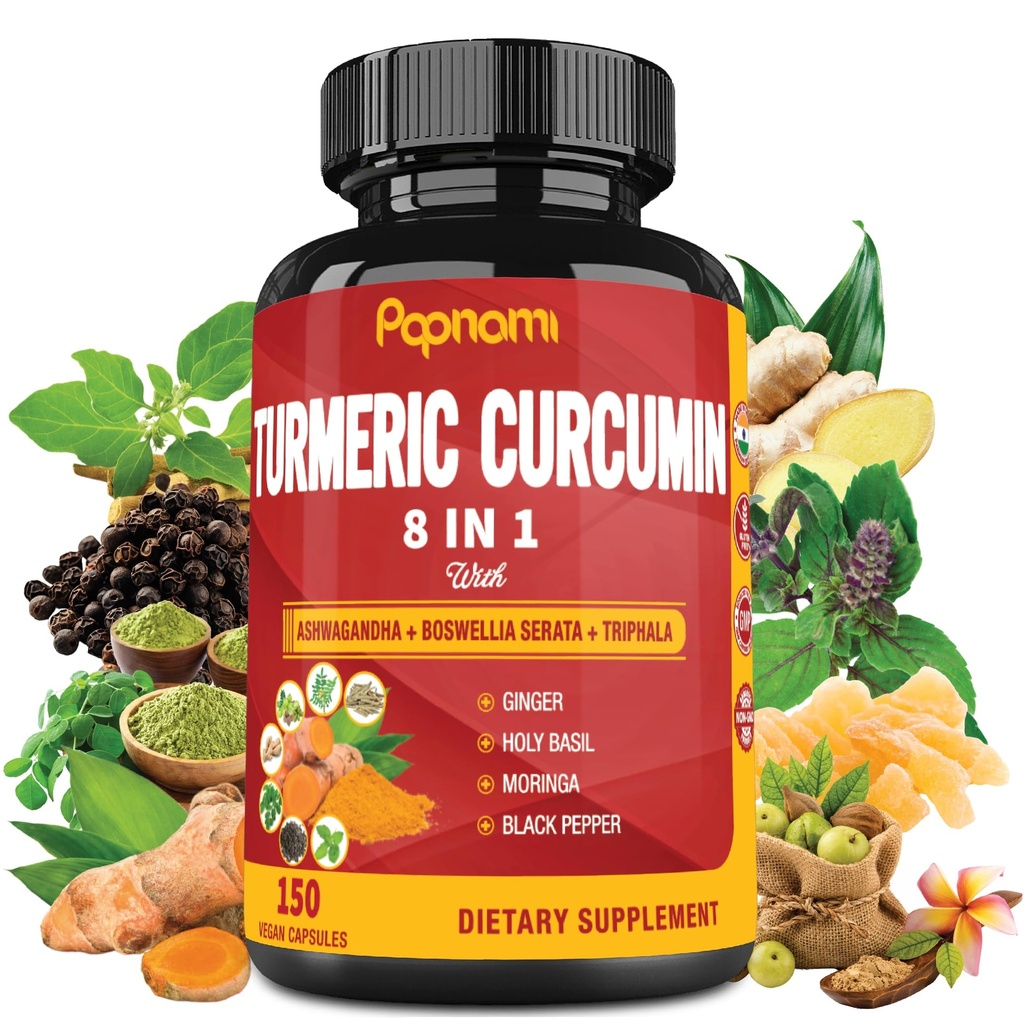 Turmeric Curcumin Capsules - with Ashwagandha, Boswellia, Triphala, Ginger, Holy Basil, Moringa, and Black Pepper - 150 Pills 5 Month Supply