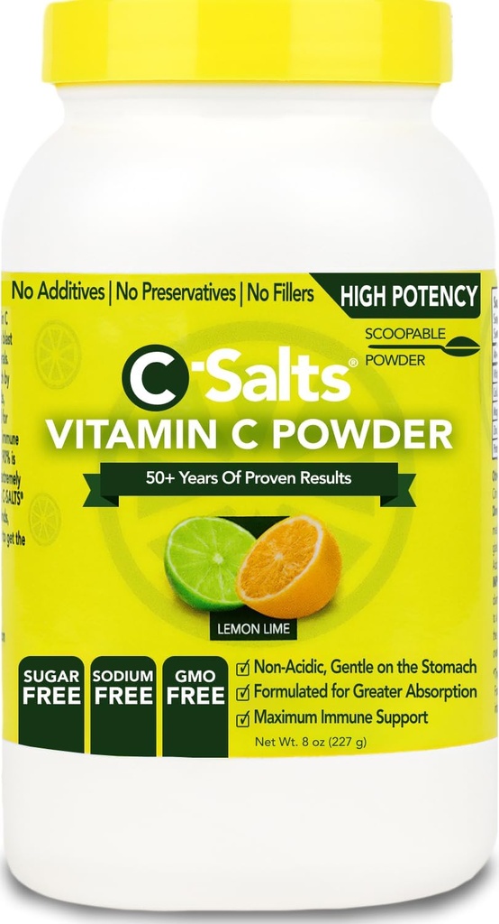 C-sal Vitamina C em pó Suplemento - 100% Pure alta dose buffered Vitamina C em pó para suporte imunológico - Orgânico, Livre de açúcar, Vegan, Não-GMO, Estômago-amigo, Limão 8 onças