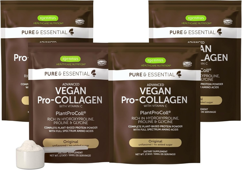 Igennus Vegan Colágeno Peptide Pó, Melhorado com Glycine, Prolina & Hidroxiprolina & Cofactor Vitamina C, Não OGM, Completo vegetal baseado em Colágeno em pó, 4 x 35 Servings