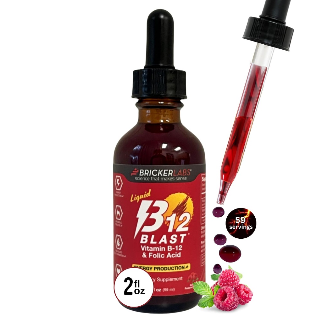 Bricker Labs B-12 Blast Líquido Vitamina B12 e Suplemento de Ácido Fólico, Suporte Produção de Energia, Grande Degustação Líquido Vitamina B12 Suplemento dietético em Natural Raspberry Flavor, 2 fl oz garrafa