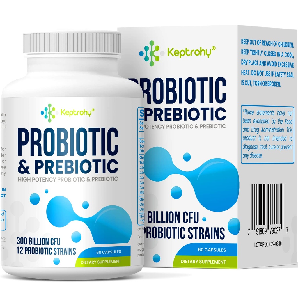 Probióticos para mulheres e homens, 300 bilhões de UFC Probióticos de 12 Strains + Prebióticos Orgânicos Mistura para Digestivo diário, Imune, Gut, Bloating, Gut Saúde para mulheres e homens, prateleira estável - 60 Cápsulas
