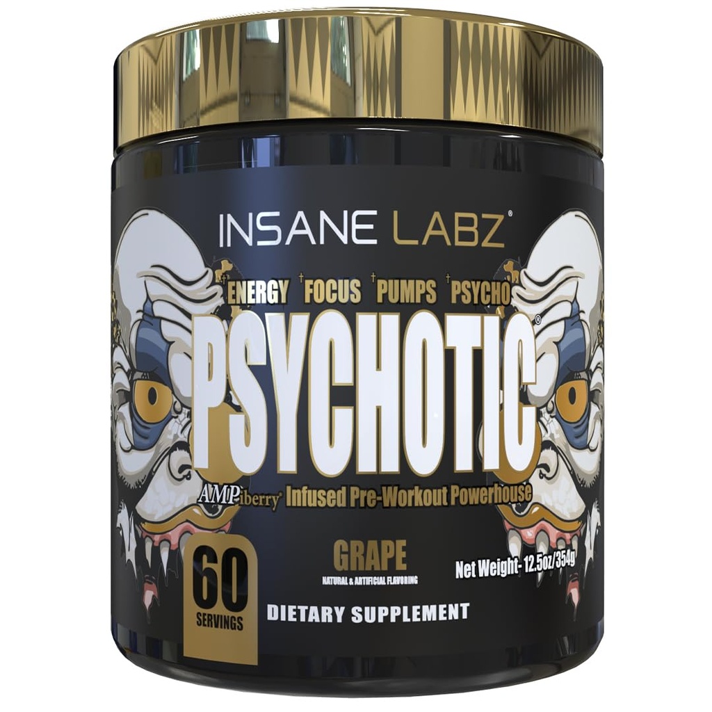 Loucura Labz Psychotic Gold, pó pré-treino altamente estimulante, energia de duração extrema, bombas e resistência com Beta Alanine, DMAE Bitartrate, NO Booster (60 Servings, Grape)