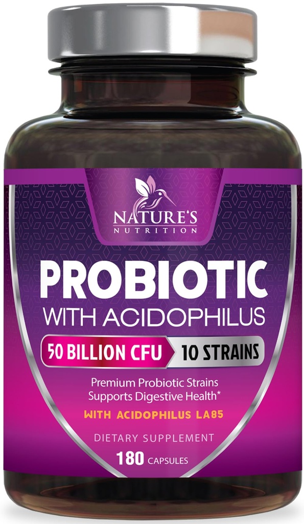 Probióticos 60 bilhões de UFC por serviço - 10 Strains + Prebióticos - Saúde Digestiva, Gut & Imune Support - Suporta Constipação Ocasional, Gás e Bloating para Mulheres e Homens prateleira estável - 180 Cápsulas