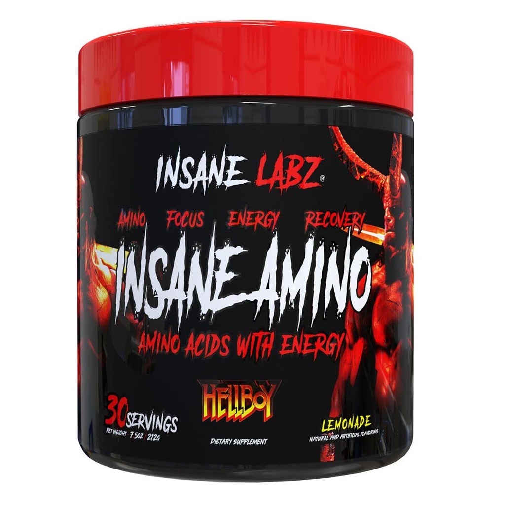 Insane Labz Insane Amino Hellboy Edition, BCAA com recuperação muscular de foco energético, Pó de exercício intra, 2 1 1 Ranched Chain Amino Acid Powder, 30 Srvgs, Limonada