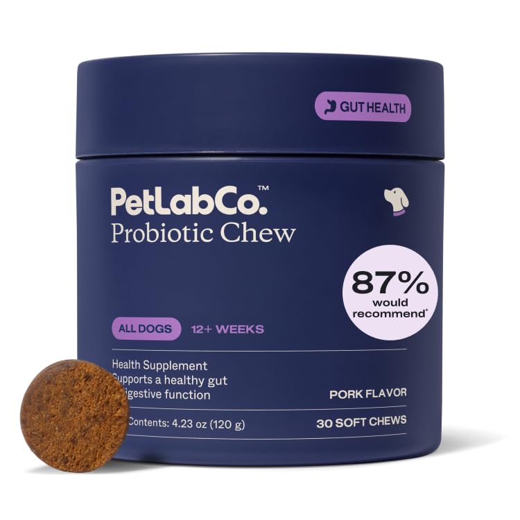 PetLab Co. Probióticos para cães, saúde da tripa de apoio, diarreia ocasional, saúde digestiva & alergias sazonais - sabor de porco - 30 mastigação macia - embalagem de maio Vary