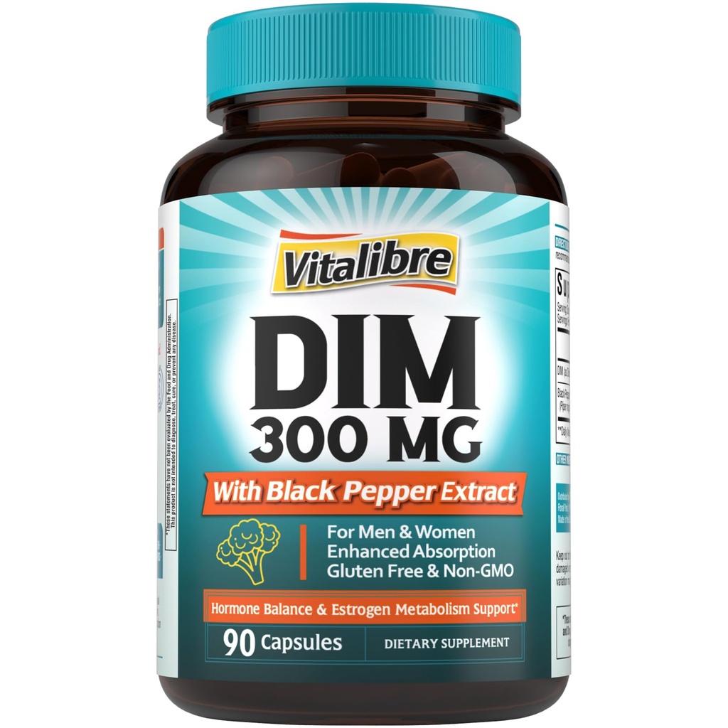 Suplemento DIM para Mulheres e Homens, Metabolismo de Estrogênio, Equilíbrio de Hormônios e Suporte de Menopausa, DIM 300 mg com Extrato de Pimenta Negra, Alta Absorção, 90 Cápsulas