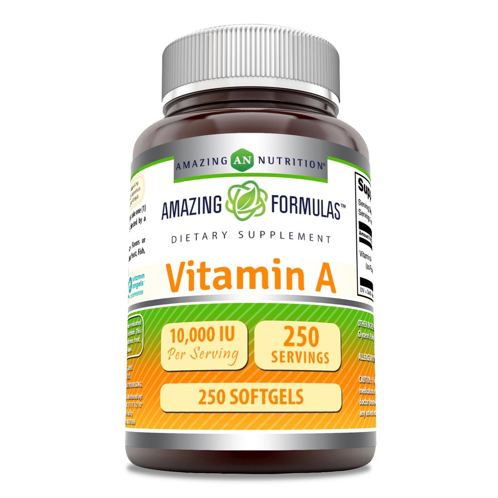 Fórmulas surpreendentes Vitamina A 10000 UI Supplement □ como Retinil Palmitate □ 3000 Mcg □ Softgels □ Não-GMO □ Gluten Free □ Made in USA (1 Pack, 250 Count)