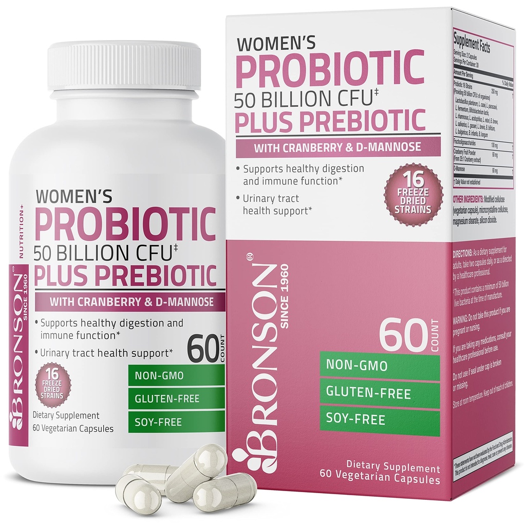 Bronson Women's Probiótico 50 bilhões UFC + Prebiótico com Cranberry & D-Mannose – Saúde vaginal, Digestão Saudável, Função Imune e suporte de trato urinário, Não-GMO, 60 Cápsulas Vegetarianas