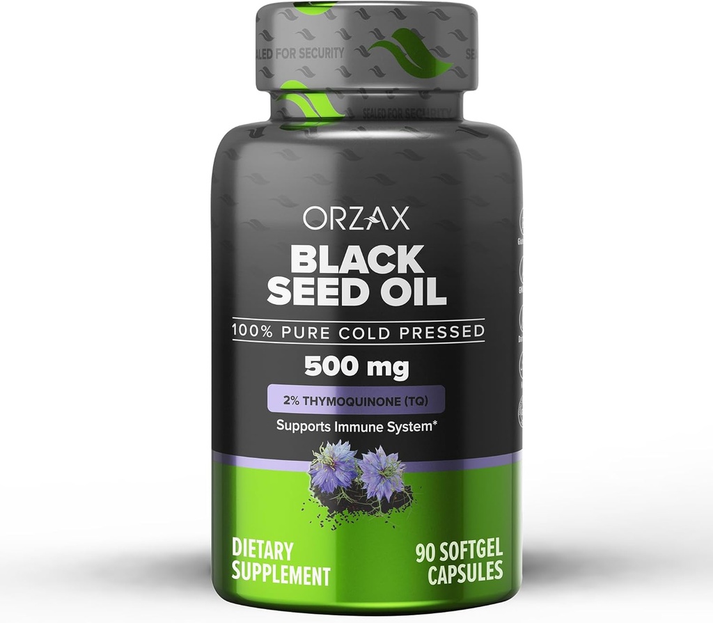 Óleo de semente preta ORZAX Frio Pressionado 100% Puro - Não-GMO - Rico em Omega 3 6 9 & Thymoquinone - Óleo Black Cumin Nigella Sativa para suporte imunológico, Cabelo, Pele, Face (500 mg - 90 Cápsulas Softgel)