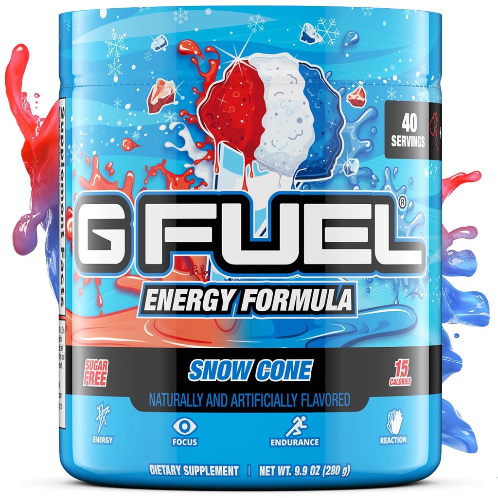 G Combustível Snow Cone Energia Drink Powder, Mistura de cafeína pré-treino para jogos, Açúcar Free Focus Amino, Vitamina + Antioxidantes, 9.9oz (Cone de neve, 40 Servings)