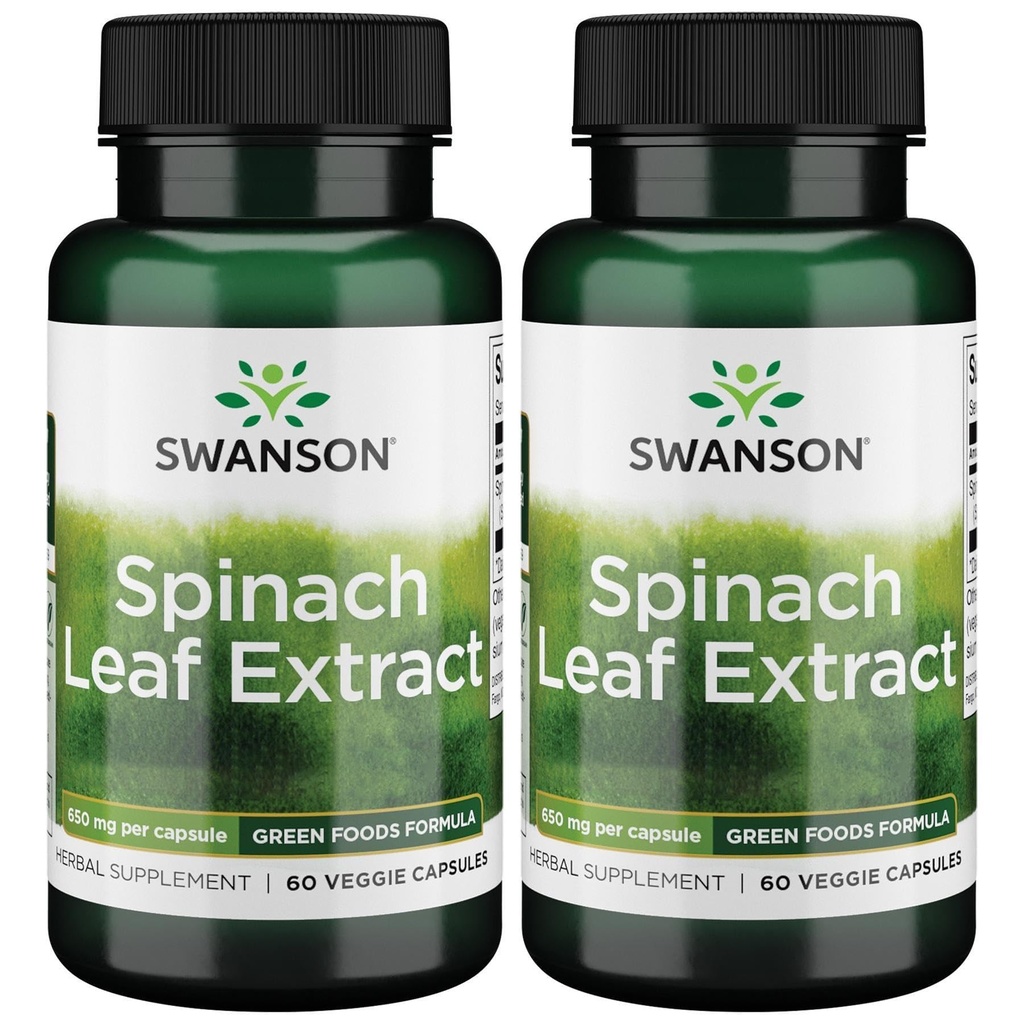 Swanson Spinach Leaf Extract - Suplemento de ervas que promove a saúde geral - Alimentos Verdes Fórmula w/Beneficial Thylakoids & Chlorophyll - (60 cápsulas de legumes, 650mg cada) (2 embalagem)