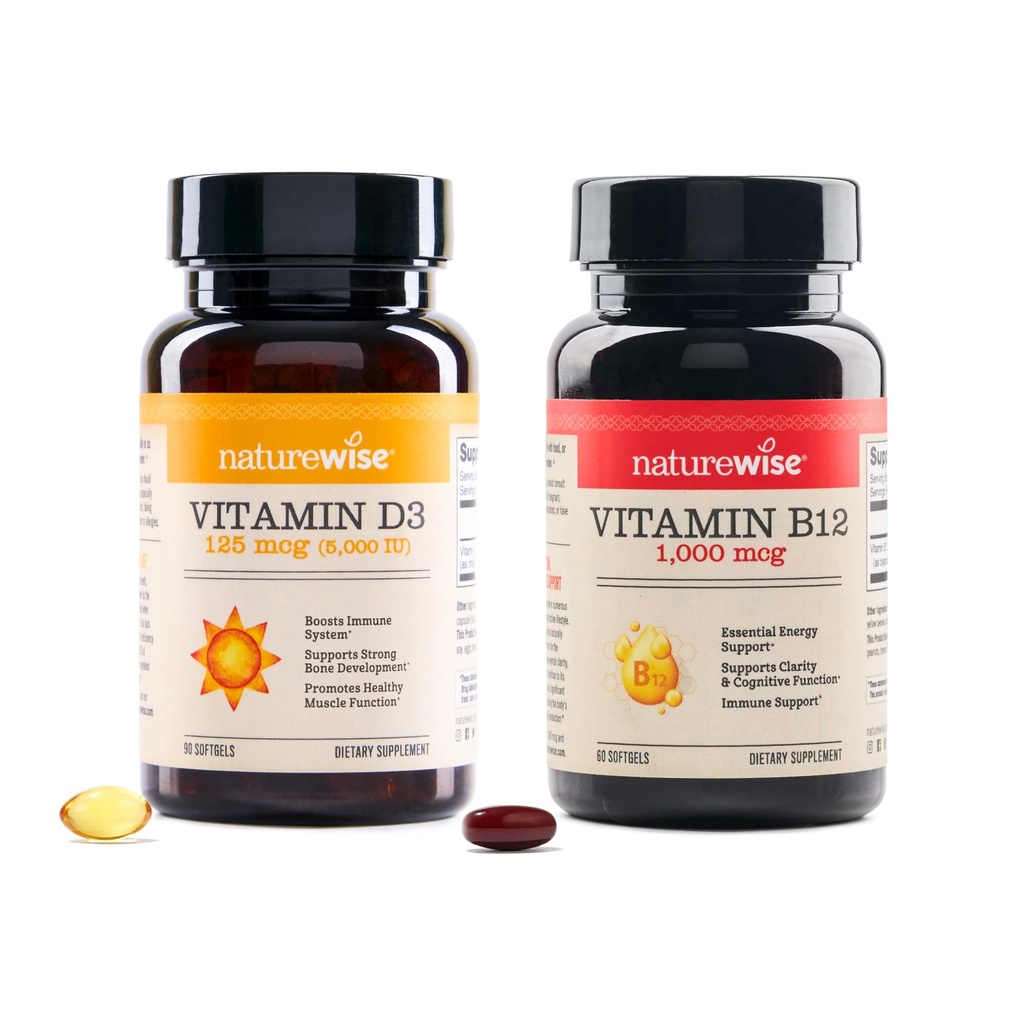 NaturezaWise Vitamina D3 5000iu, B12 1000mcg Clareza Mental Suporte Energia Saúde Imune Não-GMO Gluten Free Olive Oil Softgels