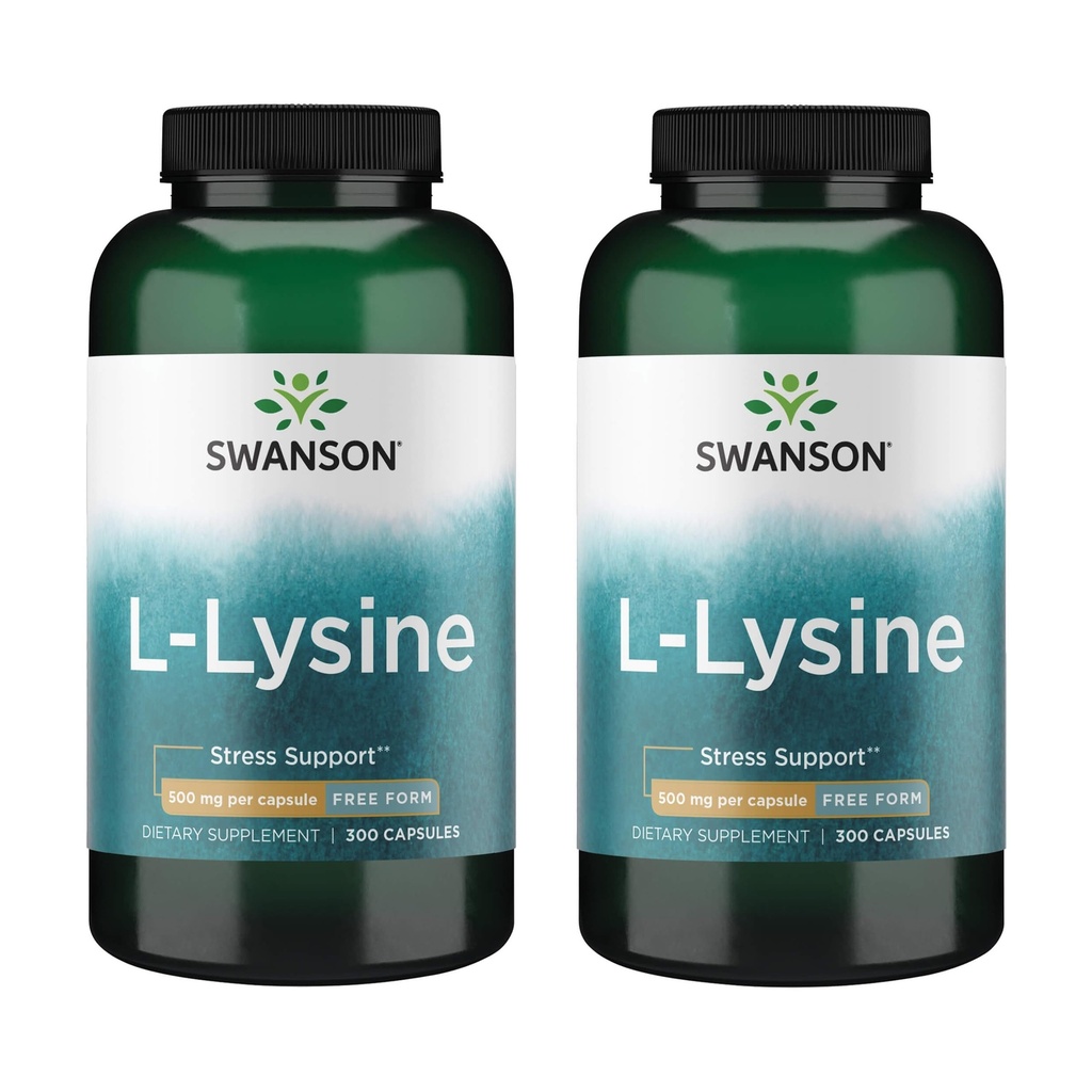 Swanson Free Form L-Lysine - Suplemento Natural Promovendo o suporte ao estresse e saúde do sistema nervoso - Pode promover o humor calmo e relaxação - (300 cápsulas, 500mg cada) 2 Pacote
