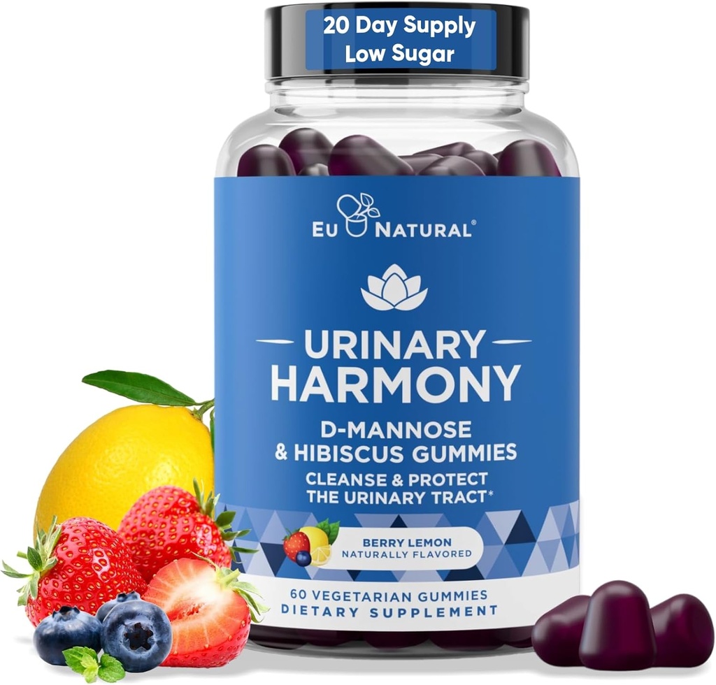 Harmonia urinária D Mannose Gummies for Urinary Tract Health – D-Mannose & Hibiscus Cleanse, Flush & Protect the Urinary System – Potent Formula, Drug Free – 60 Berry Lemon Flavor Gummies, 20 Day Supply