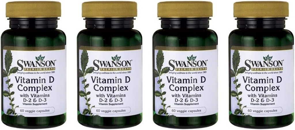 Complexo de Vitamina D Swanson com Vitaminas D2 & D3 - Complexo de Vitamina Sunshine Completo para Saúde Óssea, Dental e Imune - Suplemento de Vitamina ( 50 mcg, 60 Cápsulas Veggie ) 4 Pack