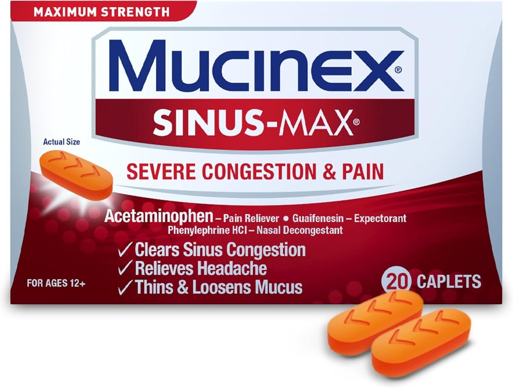 Tampas de alívio de congestionamento severas de Mucinex Sinus-Max, 20