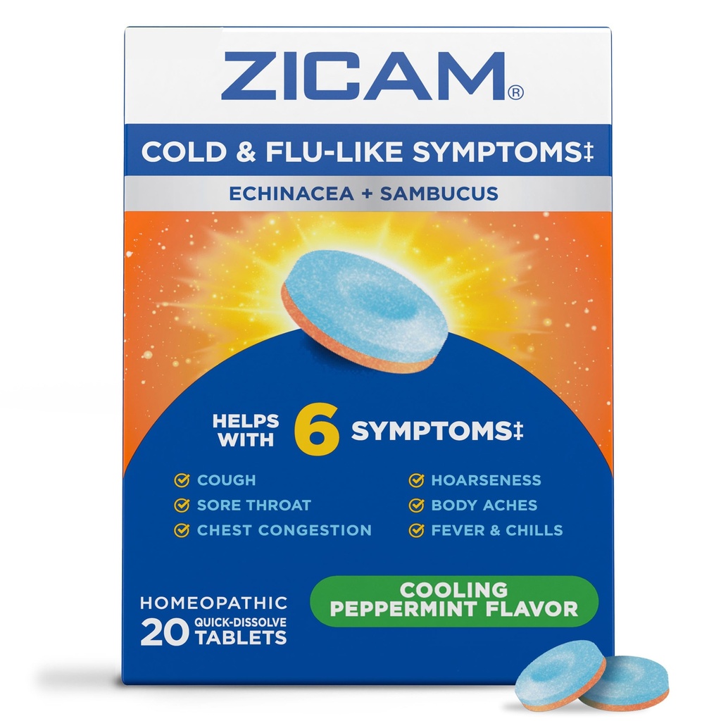 Zicam frio & gripe-como sintomas com Echinacea e Sambucus, homeopático, zinco, refrigerando sabor de hortelã, Ajuda com sintomas frios, 20 Comprimidos