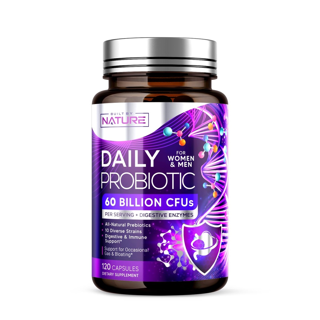 Construído pela natureza Probiótico para mulheres e homens – 60 bilhões de UFC, 10 Strains + Prebióticos & Enzimas Digestivas – Suporta Digestivo, Imune, Reduzir Gás & Bloating – prateleira estável, Não-GMO - 120 Cápsulas