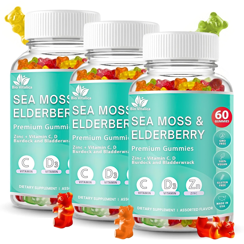 BIO VITALICA Sea Moss Gummies Elderberry BioVitalica - Vitamina C D + Zinco - Irish Seamoss Vegan Gummy com Sea Moss Gel & Pó para Imunidade, Detox - para Adultos e Crianças (3Packs)