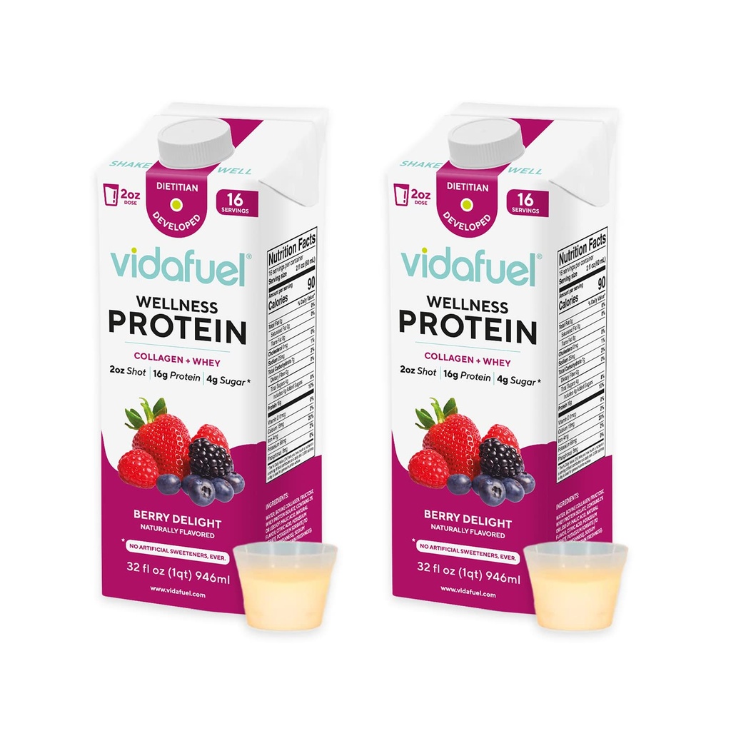 Vidafuel Wellness Protein Drink, 16g Protein per 2 oz Shot, 32 fl oz Carton, 2 Pack, Berry, Colágeno e Whey Drink, Sem Adoçantes Artificiais