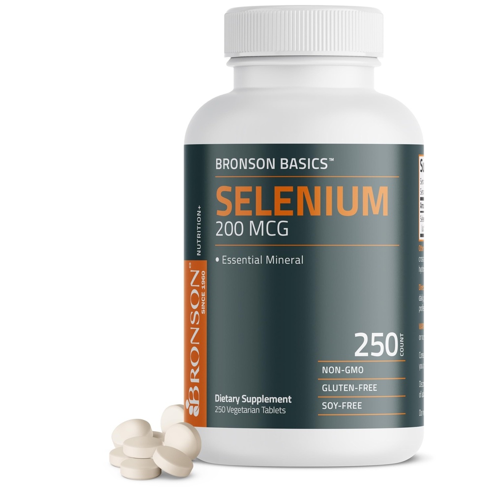 Bronson Selenium 200 mcg Immune & Antioxidante Suporte Mineral Essencial, 250 Comprimidos Vegetarianos