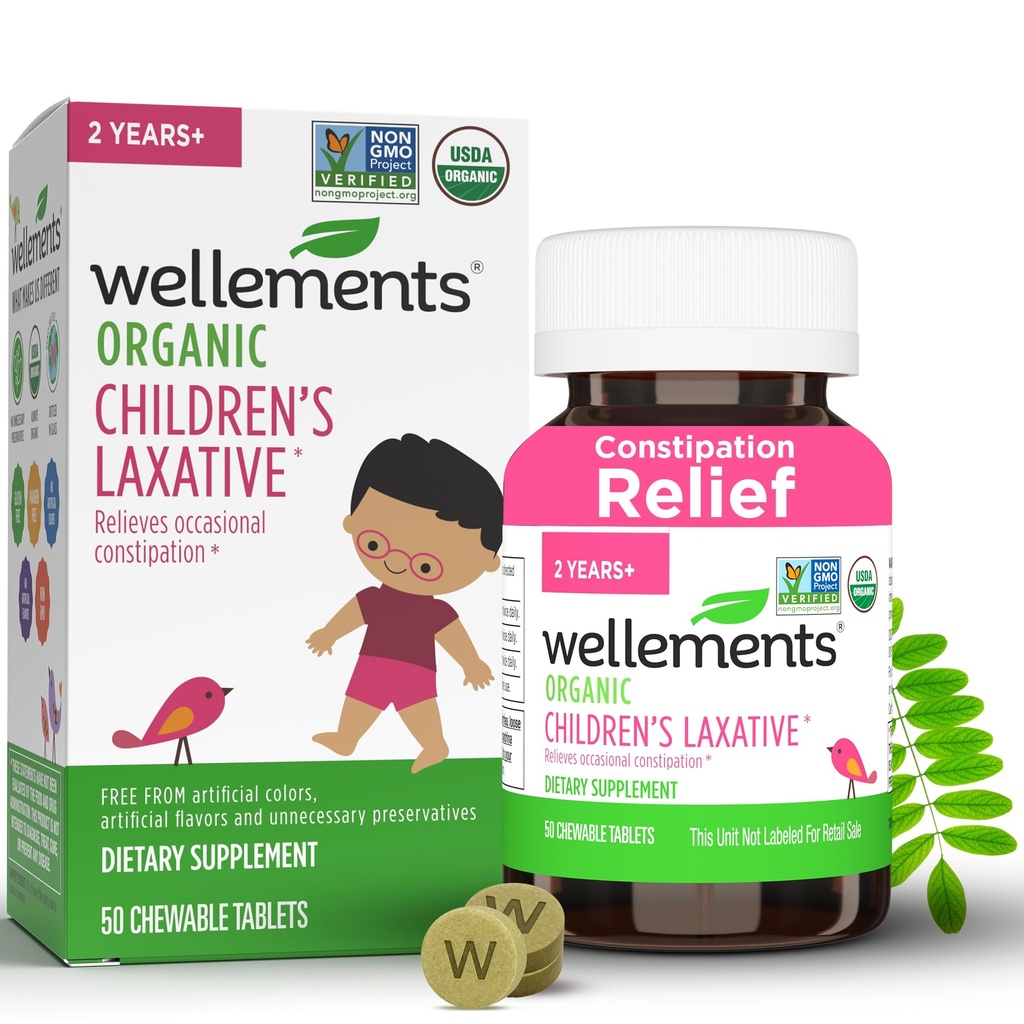 Wellements Organic Children's Laxatives for Obstipation (50 comprimidos mastigáveis) □ Organic Senna Tablets for 2+ Kids □ Non-GMO, USDA Organic, Gluten Free