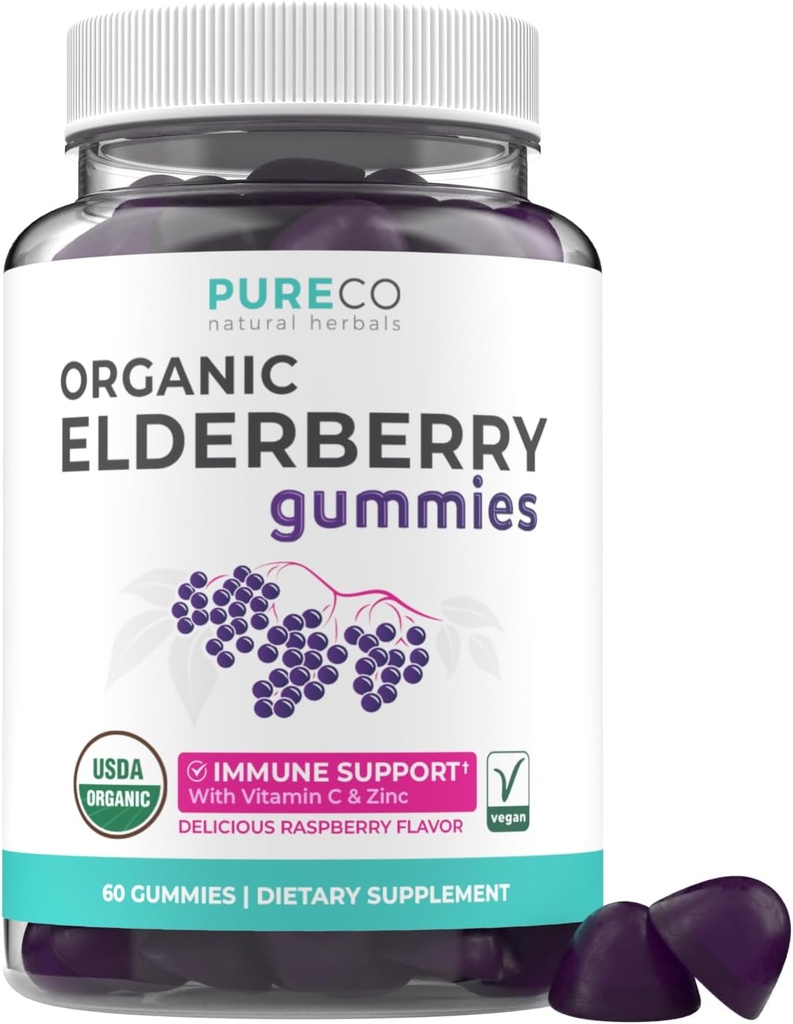 Gummies Elderberry orgânico para adultos - Vegan Sambucus Elderberry Imune Suporte Gummies com Black Elderberry Vitamina C e Zinco para Imunidade Diária & Sazonal (USDA Organic Non-GMO Vegan) - 1 mês
