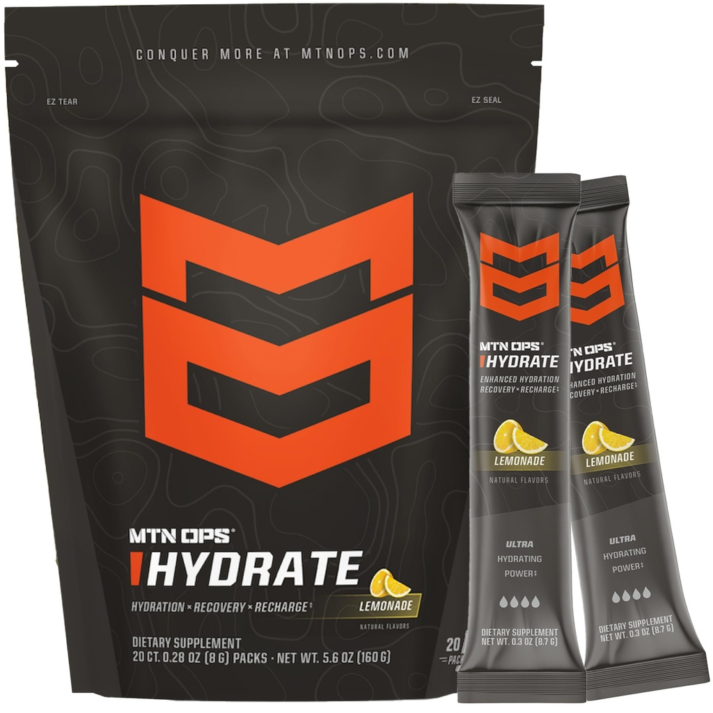 MTN OPS Hydrate Electrolytes Powder Drink Mix, 20 pacotes de electrólitos de serviço único com mais de 1000mg de electrólitos por serviço, limonada