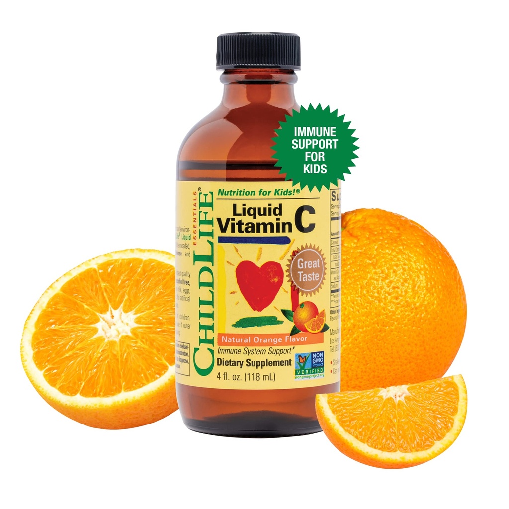 ESSENCIAIS FILHOS Vitamina C Líquida - Puro Suplemento Líquido Vitamina C para Crianças, Crianças, & Bebês, Suporte do Sistema Imune, Sabor Laranja Natural, 4 Fl Oz (Pacote de 1)