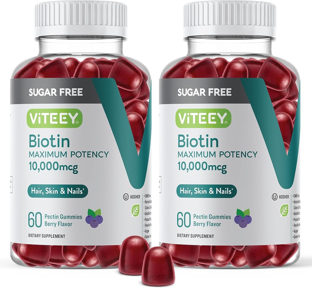 Viteey Biotin Gummies para cabelos, pele e unhas 10.000mcg - Açúcar livre - Pastilhas de crescimento de cabelo, Brilho de pele saudável, Crescimento de unhas saudável forte - Vegan, Glúten livre, Gelatina Free- sabor Berry sabor
