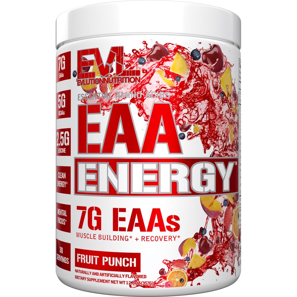 Evluition Nutrition EAA Energia - Pré & Pós Treino Pó - Muscle Building & Recovery Suplemento - 7g Aminoácidos Essenciais + 5g BCAAs - Energia Limpa - com Cafeína - 30 Servings - Fruit Punch