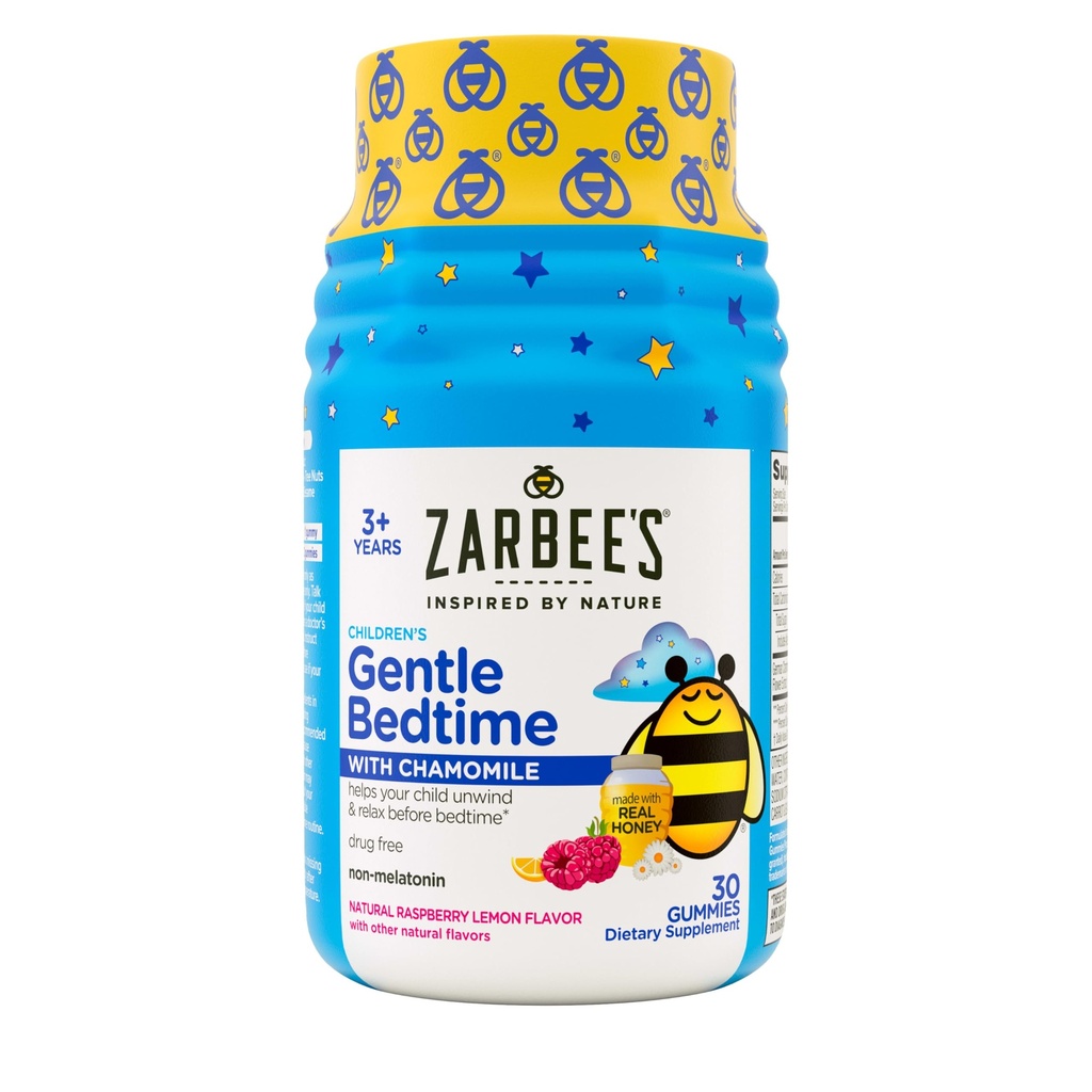Gummies de cama suave de Zarbee para crianças - mistura livre de melatonina de mel natural, limão framboesa e camomila ajuda as crianças a relaxar e relaxar para se preparar para dormir, 30ct