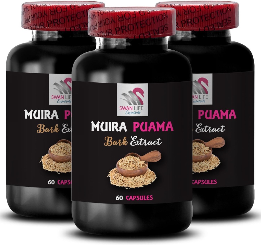 Fluxo de Energia Dinâmica - MUIRA PUAMA BARK EXTRACT - Força Baseada em Plantas, Impulso de Energia Diária, Ativação de Acionamento de Ervas, Combustível de Aventura, Levantamento de Equilíbrio, Suporte diário, Boost Vital 3 Garrafas 180 Cápsulas