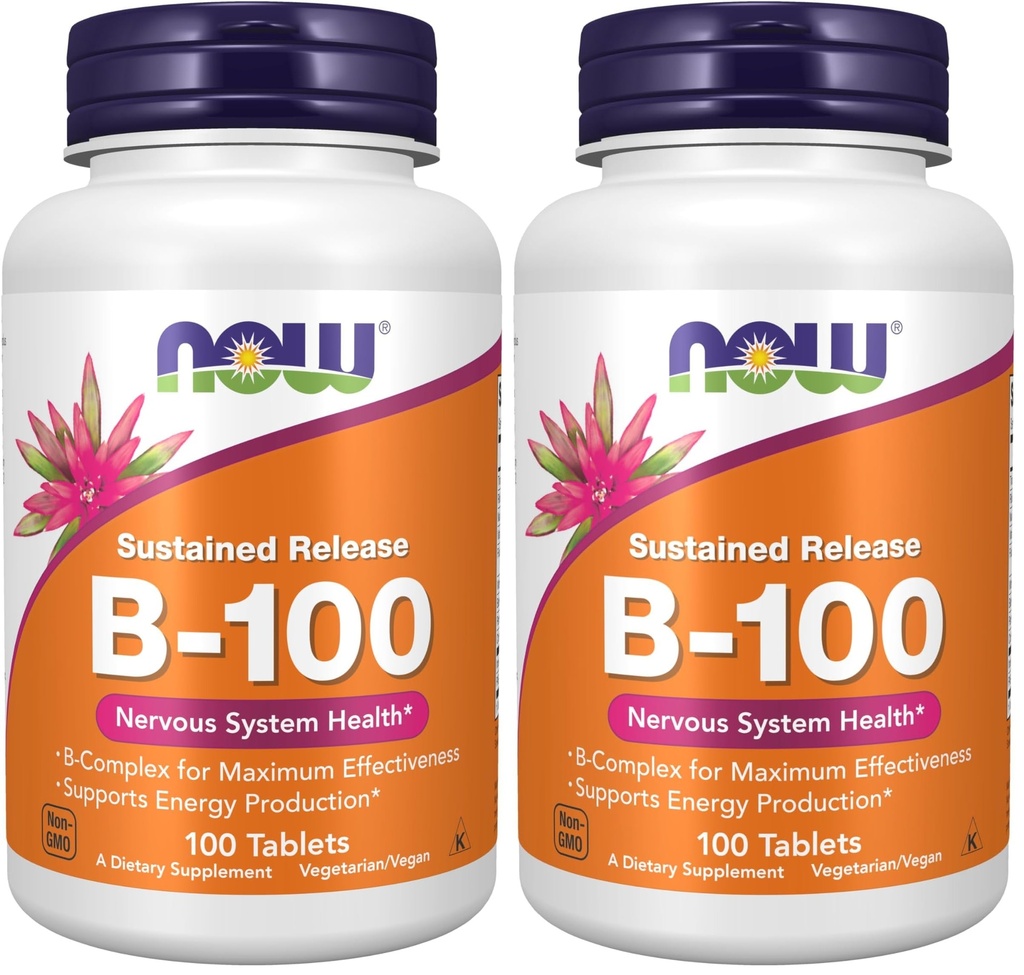 NOW Suplementos, Vitamina B-100, Liberação Mantida, Produção de Energia*, Saúde do Sistema Nervoso*, 100 Comprimidos (Pacote de 2)