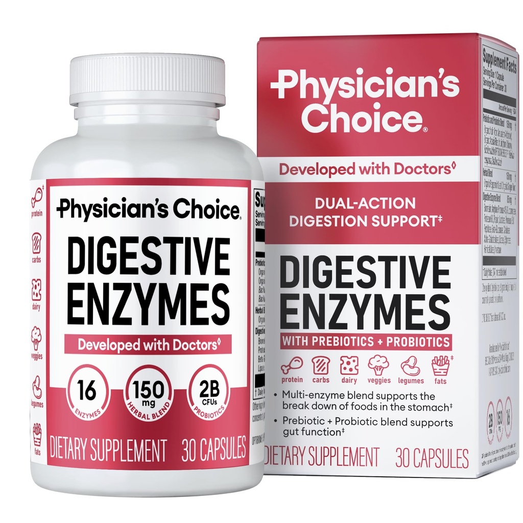 Enzimas Digestivas da Escolha Médica - Multi Enzimas, Bromelaína, Prebióticos Orgânicos e Probióticos para Saúde Digestiva & Gut Saúde - Bloating & Refeição Desconforto Tempo - dupla ação - Todas as dietas - 30 CT