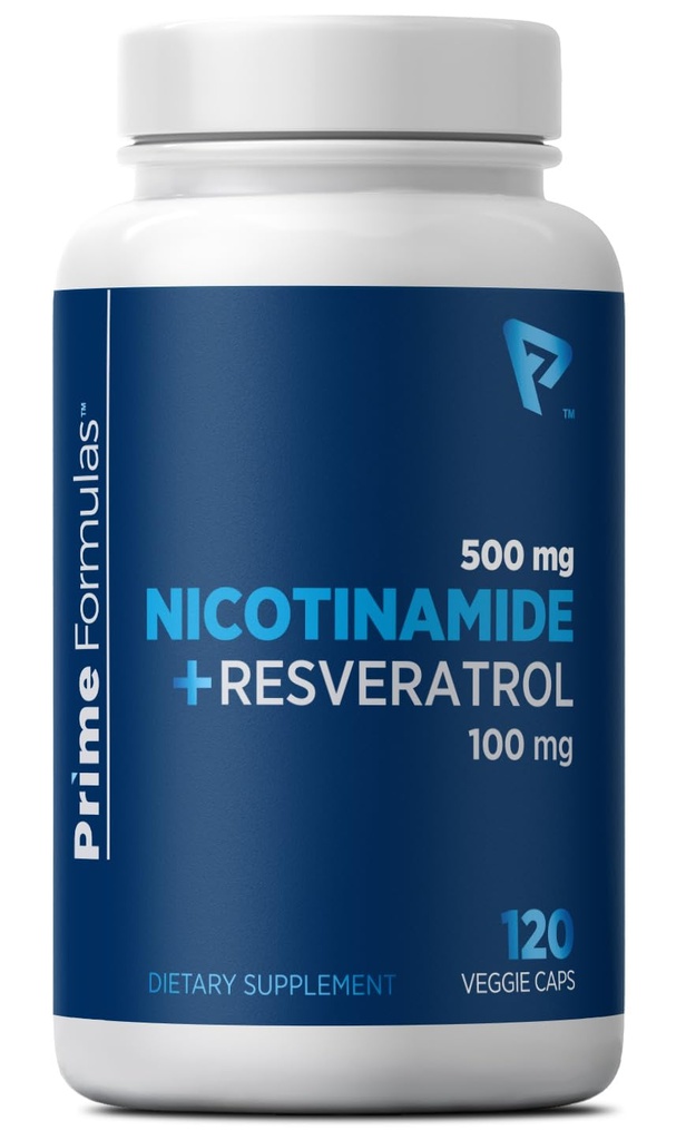 Nicotinamida 500 mg com Resveratrol 100 mg 120 Cápsulas Veggie - Não-GMO Vitamina B3, Suporta Saúde Metabólica, NAD+, Célula da Pele e Produção de Energia Mitocondrial. Feito nos EUA para homens e mulheres