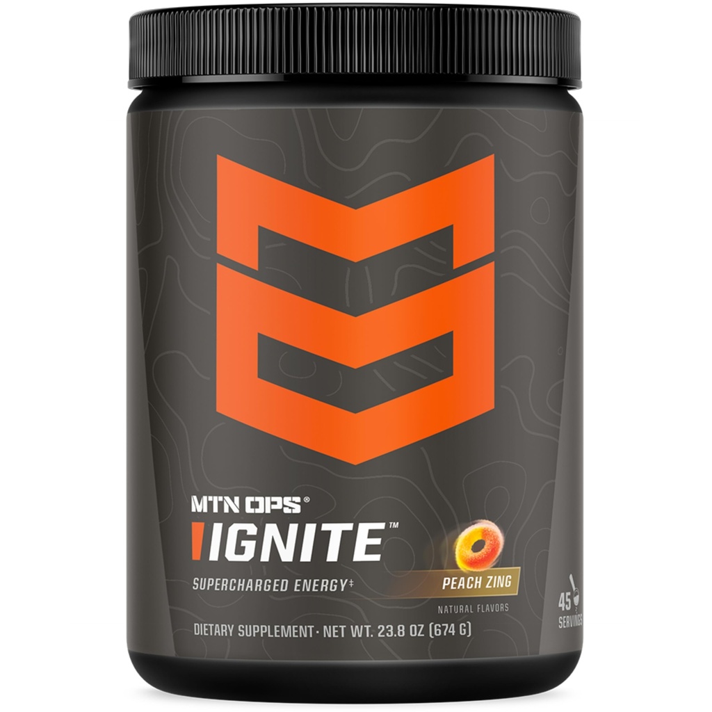 MTN OPS Ignite Energy Drink Powder, Gluten Free Nootropic Supplement Drink Mix, L Arginina, L Citrulina, Cafeína e Nootropic Sugar Free Drink Mix, 45 Servings, Peach Zing