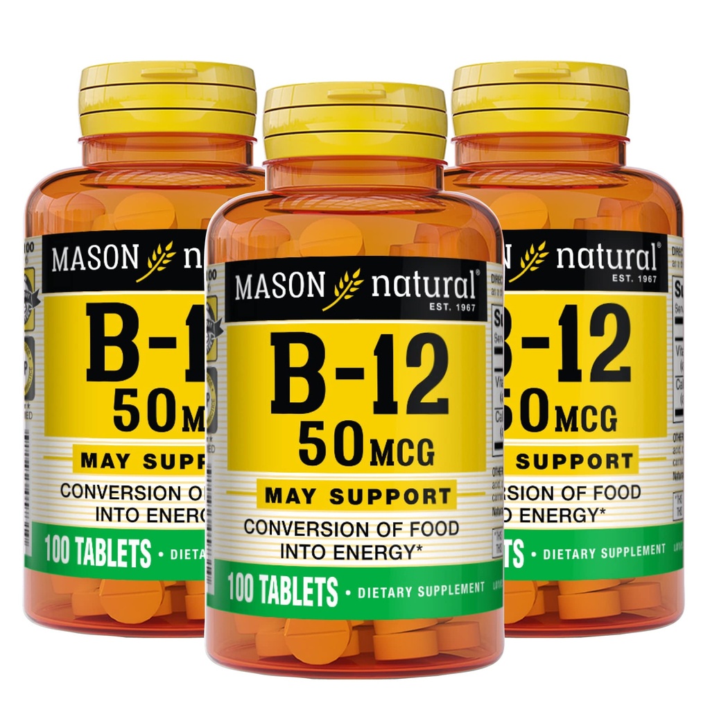 Mason Natural Vitamina B12 50 mcg com cálcio, 300, Abastecimento dia, Suplemento dietético para apoiar níveis de energia natural, 100 comprimidos (Pacote de 3)