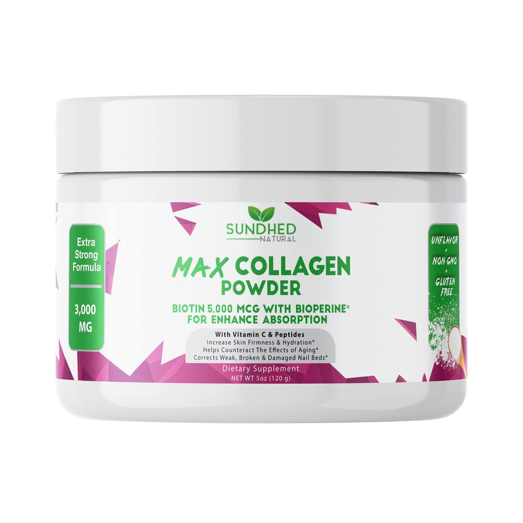 Max Collagen Plus C (fornecimento de 30 dias) - Todo o pó de colágeno natural com biotina e bioperina para aumentar a hidratação anti envelhecimento e firmeza da pele - 500mg Vitamina C - Fortalecer ossos e unhas